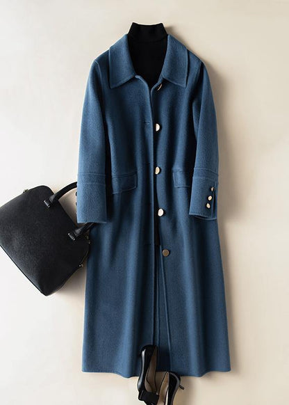 Lapel Button Down Coat for Woman Blue Knee Woolen Coats