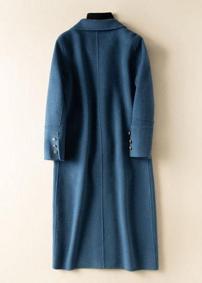 Lapel Button Down Coat for Woman Blue Knee Woolen Coats