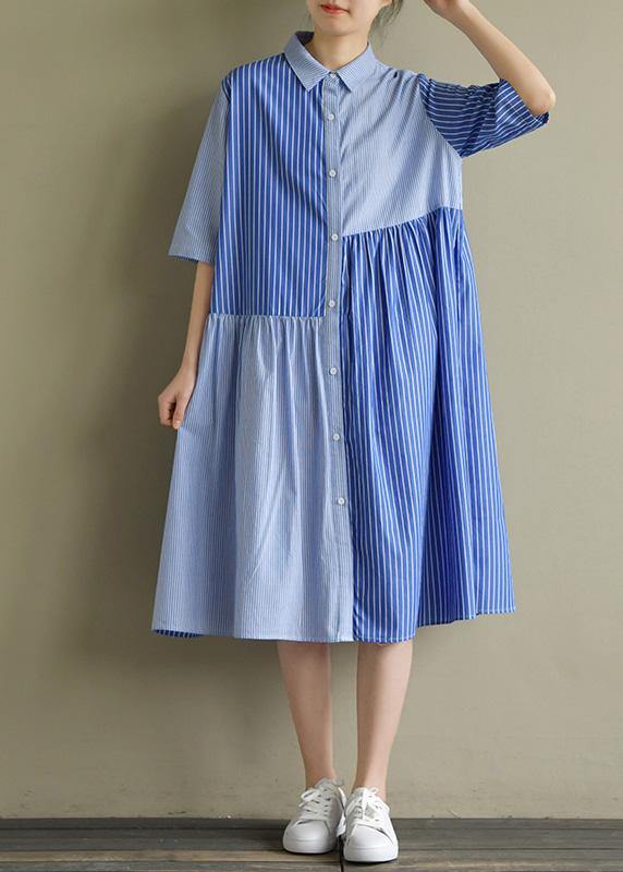 Lapel Half Sleeve Cotton Tunic Sewing Blue Striped Dress Summer