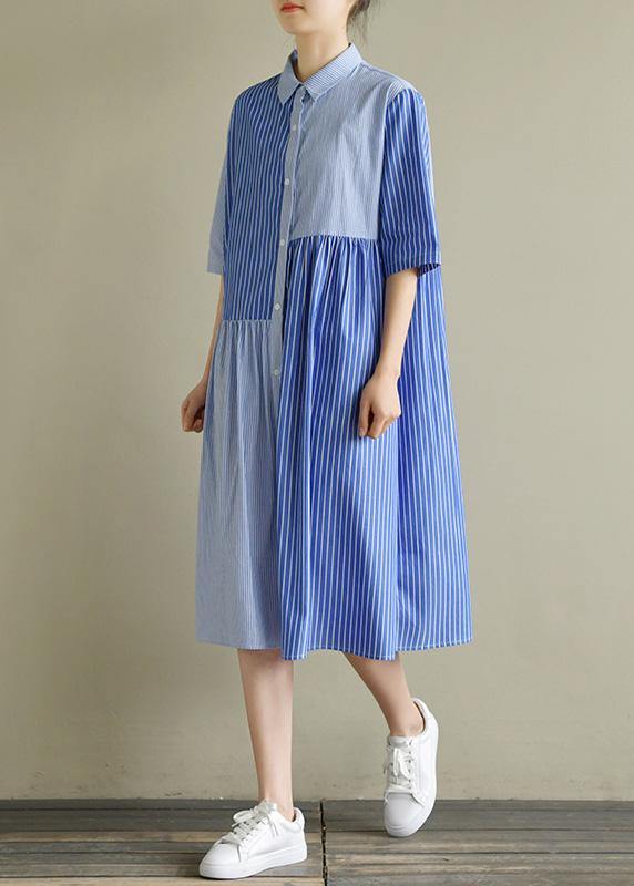Lapel Half Sleeve Cotton Tunic Sewing Blue Striped Dress Summer