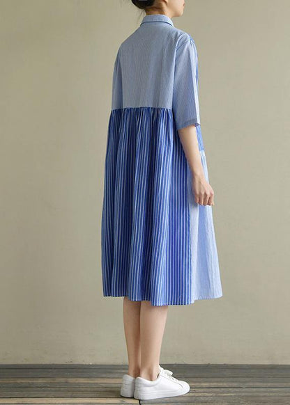 Lapel Half Sleeve Cotton Tunic Sewing Blue Striped Dress Summer