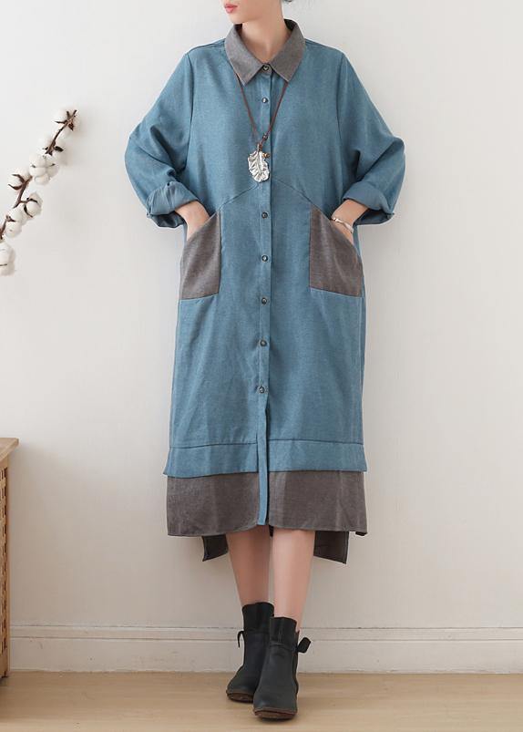 Lapel Patchwork Quilting Clothes Runway Blue Maxi Dress