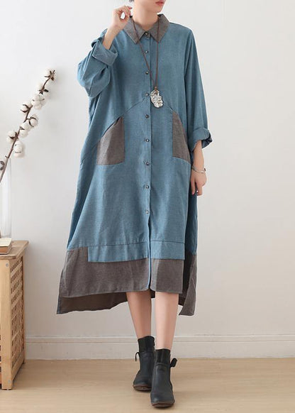 Lapel Patchwork Quilting Clothes Runway Blue Maxi Dress