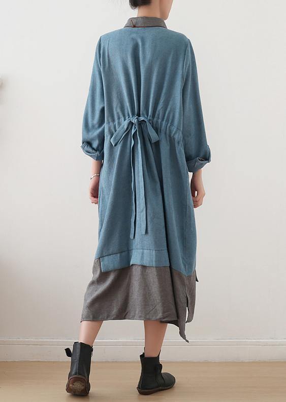 Lapel Patchwork Quilting Clothes Runway Blue Maxi Dress