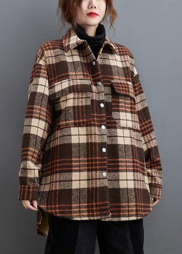 Bohemian lapel pockets clothes For Women Sewing chocolate plaid tops