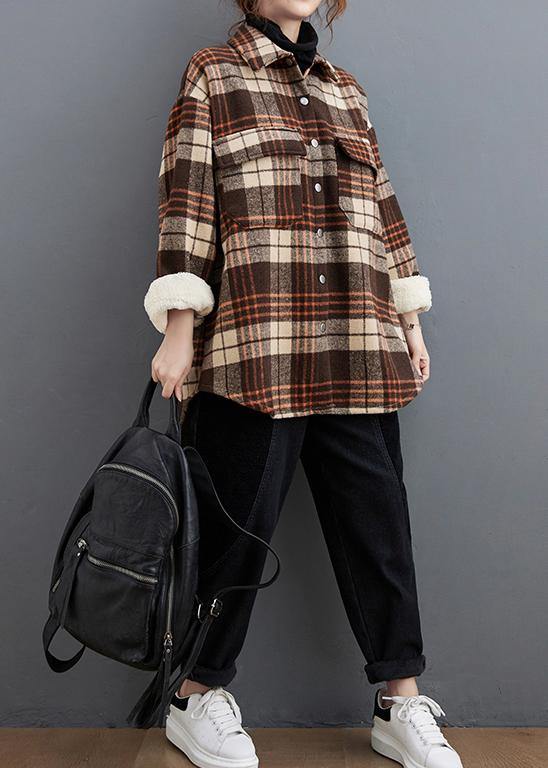 Bohemian lapel pockets clothes For Women Sewing chocolate plaid tops