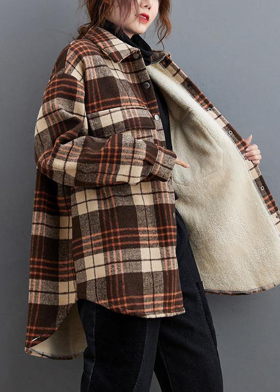 Bohemian lapel pockets clothes For Women Sewing chocolate plaid tops