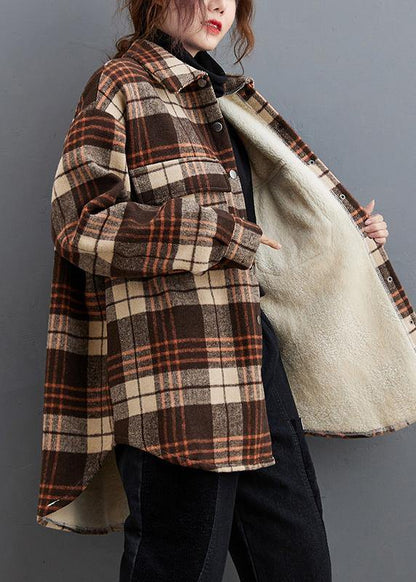 Bohemian lapel pockets clothes For Women Sewing chocolate plaid tops