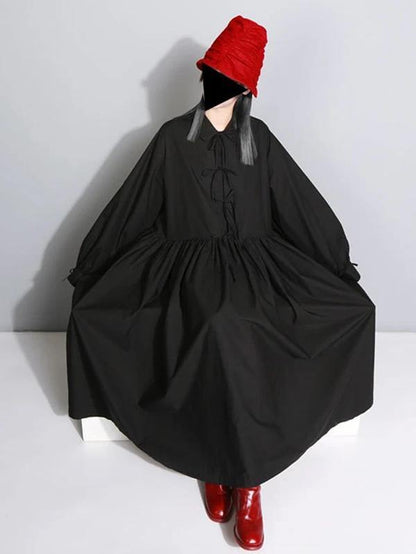 Lapel Cinched Cotton Spring Outfit Linen Black a Line Dresses