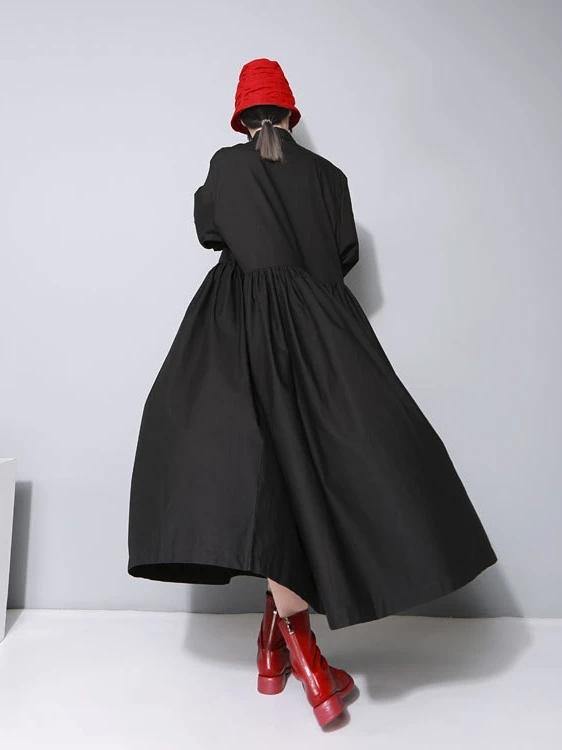 Lapel Cinched Cotton Spring Outfit Linen Black a Line Dresses