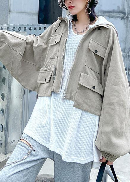 Lapel Zippered Fine Coats Blouses Beige Art Outwear
