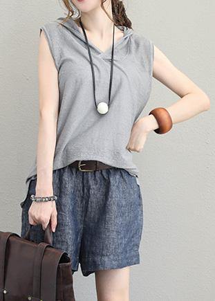 Light Gray Cotton Long Shirts Neckline Hooded Sleeveless Top Summer