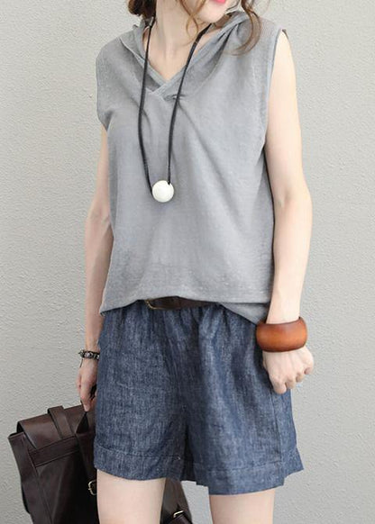 Light Gray Cotton Long Shirts Neckline Hooded Sleeveless Top Summer