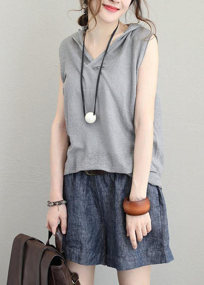 Light Gray Cotton Long Shirts Neckline Hooded Sleeveless Top Summer