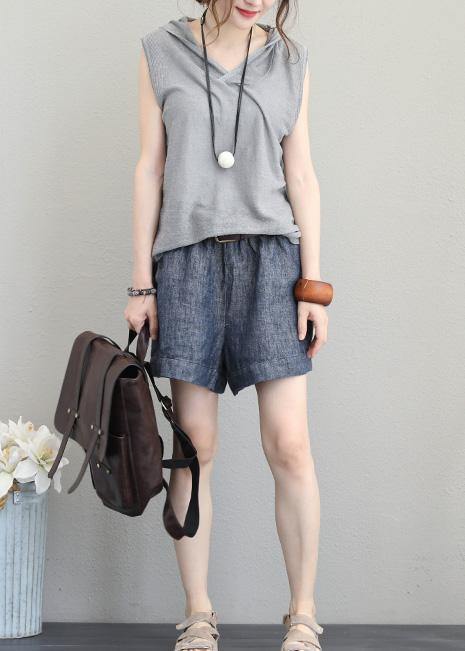 Light Gray Cotton Long Shirts Neckline Hooded Sleeveless Top Summer