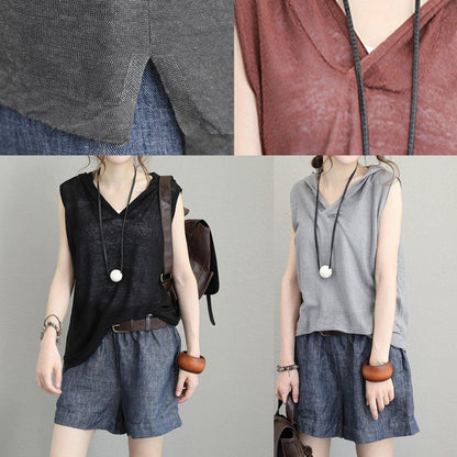 Light Gray Cotton Long Shirts Neckline Hooded Sleeveless Top Summer