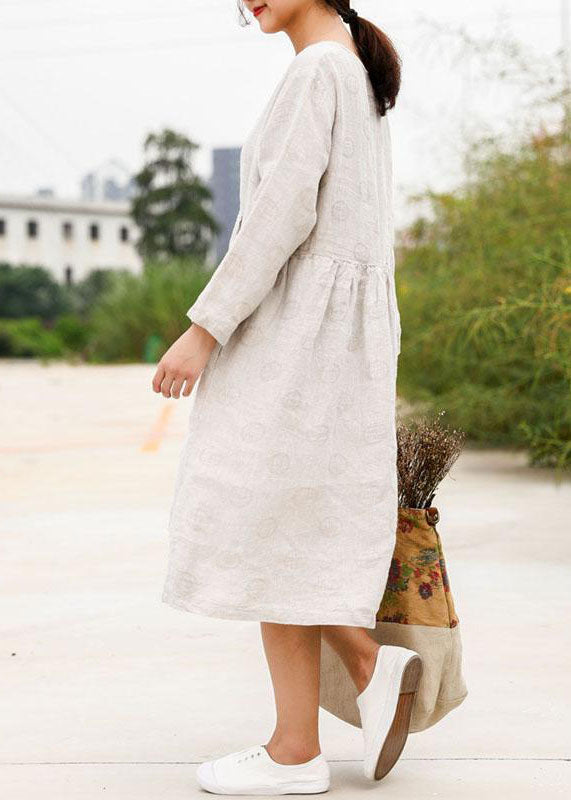 Linen Outfit Boutique Long Sleeve Jacquard Beige Pleat Dress