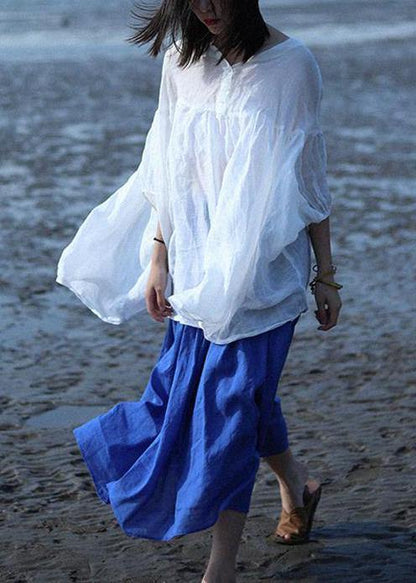 Linen Tops Blouses Fine Ramie Simple Linen Bat Sleeved Blouse
