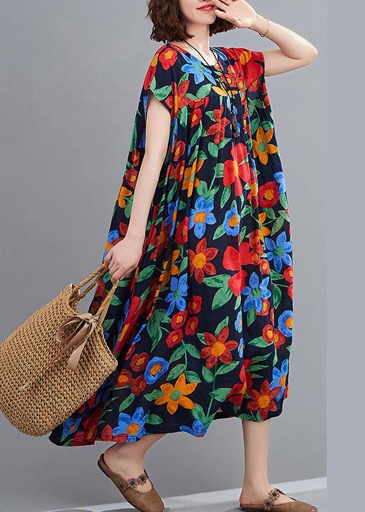 Navy Print Clothes O Neck Pockets Robes Summer Dresses