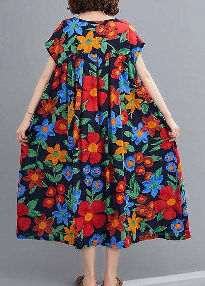 Navy Print Clothes O Neck Pockets Robes Summer Dresses