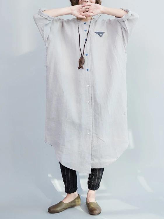 O Neck Batwing Sleeve Cotton Spring Gray Robe Long Shirts Dress