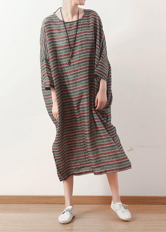 O Neck Batwing Sleeve Linen Dress Pattern Green Striped Dress