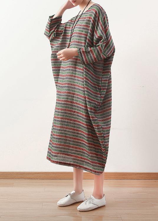 O Neck Batwing Sleeve Linen Dress Pattern Green Striped Dress