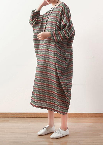 O Neck Batwing Sleeve Linen Dress Pattern Green Striped Dress