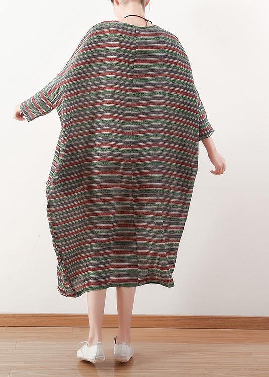 O Neck Batwing Sleeve Linen Dress Pattern Green Striped Dress