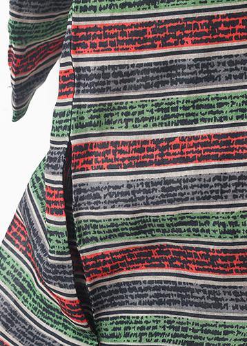 O Neck Batwing Sleeve Linen Dress Pattern Green Striped Dress
