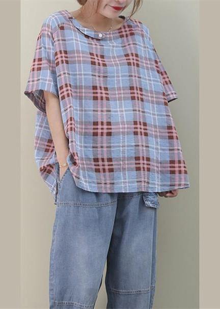 O Neck Button Down Cotton Summer Tops Sewing Blue Plaid Blouses