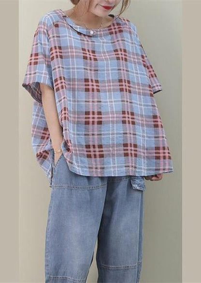 O Neck Button Down Cotton Summer Tops Sewing Blue Plaid Blouses
