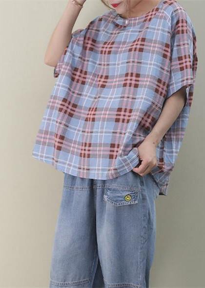 O Neck Button Down Cotton Summer Tops Sewing Blue Plaid Blouses
