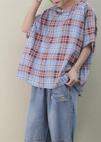 O Neck Button Down Cotton Summer Tops Sewing Blue Plaid Blouses
