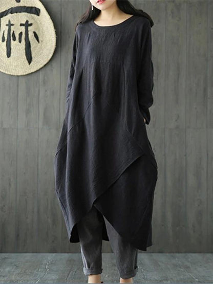 O Neck Asymmetric Linen Cotton Springlong Shirts Catwalk Black Dresses