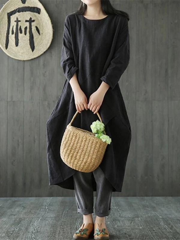 O Neck Asymmetric Linen Cotton Springlong Shirts Catwalk Black Dresses