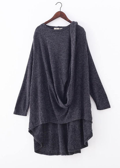 O Neck Asymmetric Tunic Top Outfits Gray Shirts