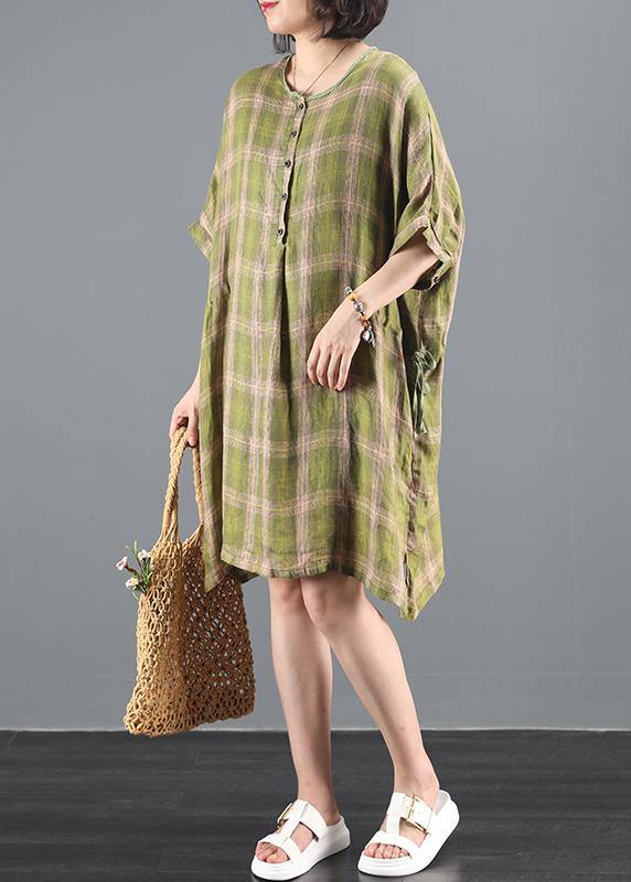 O Neck Drawstring Summer Clothes Inspiration Green Plaid Dress