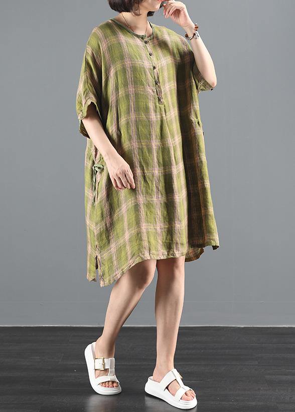 O Neck Drawstring Summer Clothes Inspiration Green Plaid Dress
