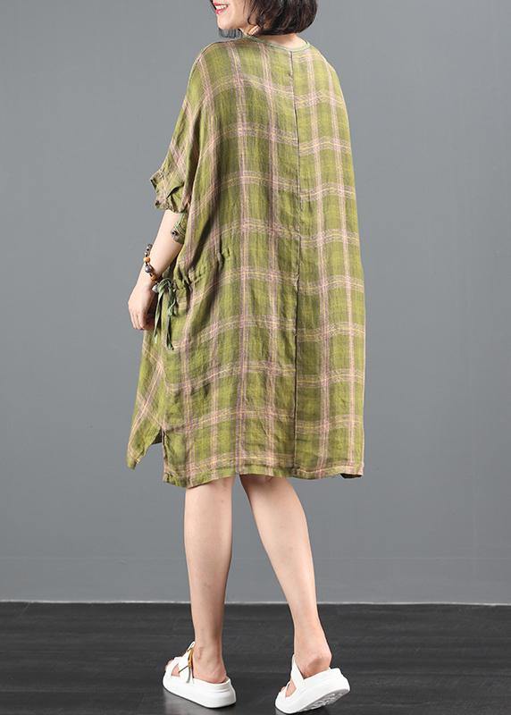 O Neck Drawstring Summer Clothes Inspiration Green Plaid Dress