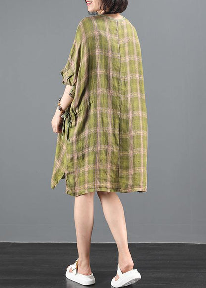 O Neck Drawstring Summer Clothes Inspiration Green Plaid Dress