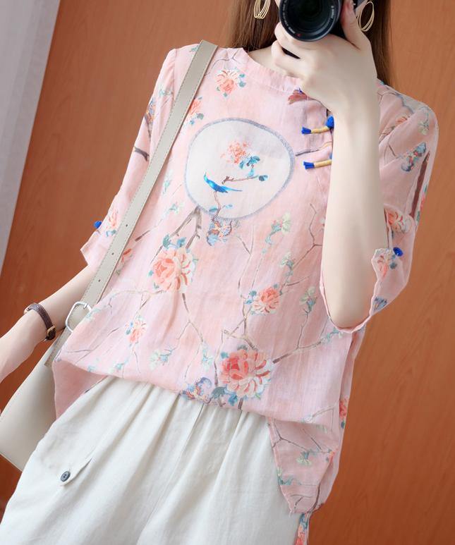 O Neck Half Sleeve Blouses for Shirts Pink Print Tops