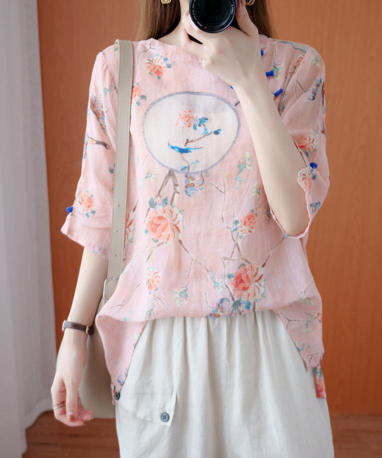 O Neck Half Sleeve Blouses for Shirts Pink Print Tops