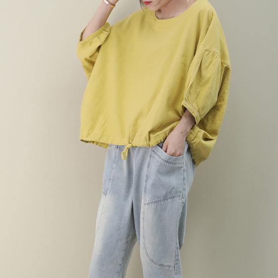 O Neck Lantern Sleeve Linen Box Top Shirts Yellow Shirts