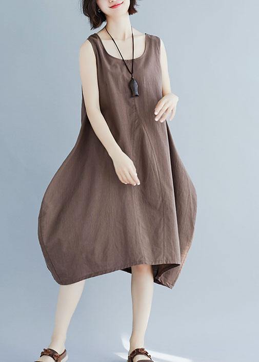 O Neck Linen Quilting Dresses Ideas Khaki Sleeveless Dress Summer