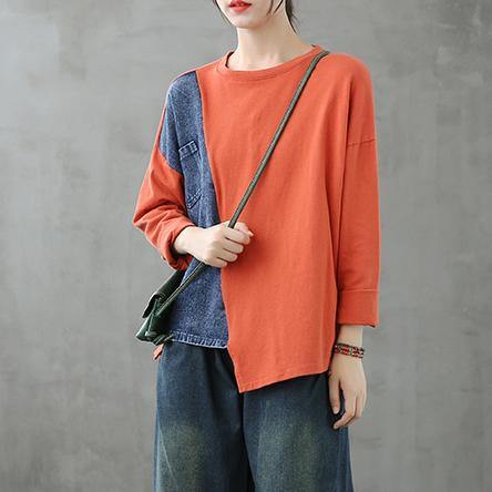 O Neck Patchwork Clothes Photography Orange Tops