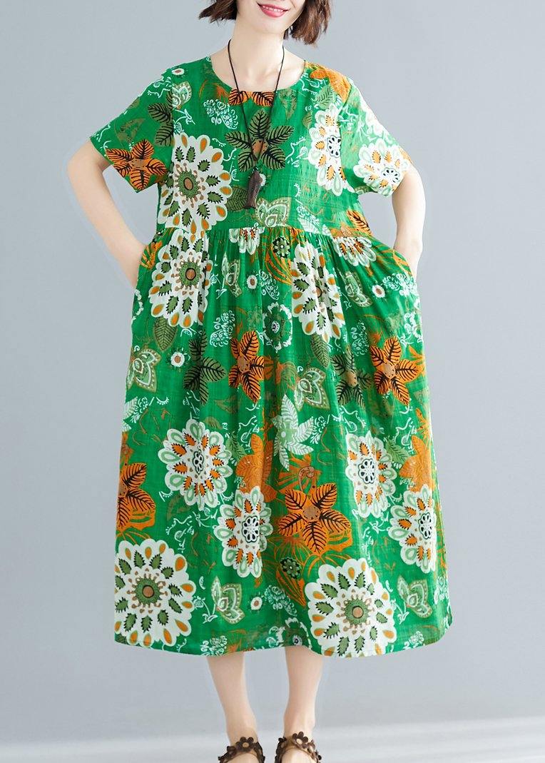 O Neck Patchwork Cotton Green Print Dresses Summer
