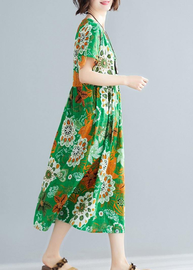 O Neck Patchwork Cotton Green Print Dresses Summer