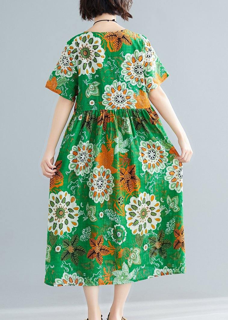 O Neck Patchwork Cotton Green Print Dresses Summer