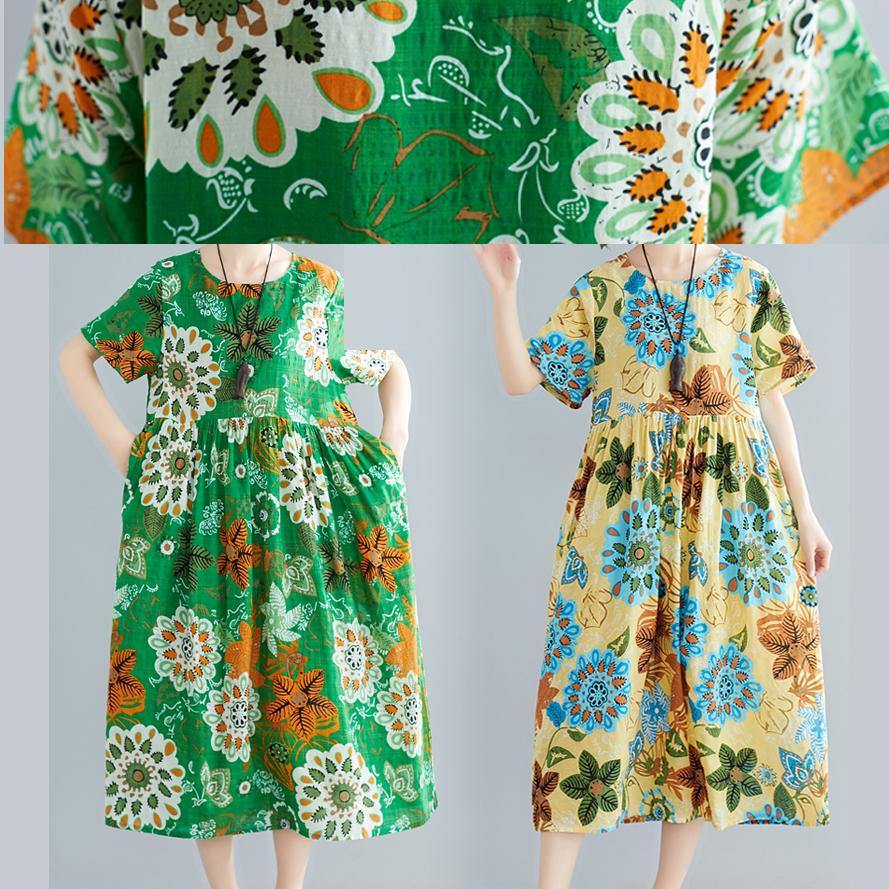 O Neck Patchwork Cotton Green Print Dresses Summer